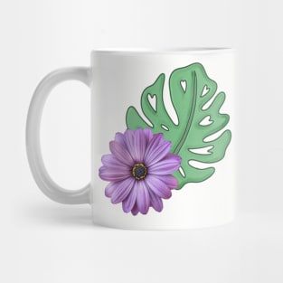 Monstera Leaf and Purple Daisy - Swiss Cheese Leaf Mug